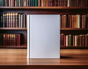 a blank book standing on a wooden table with bookshelves in the background ideal for showcasing cover design ideas and marketing purposes mockup
