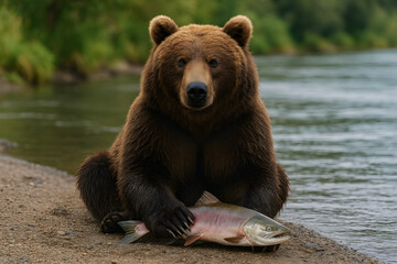 Obraz premium brown bear sitting by the riverbank holding fish in its paws while fishing 