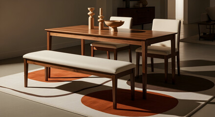 Elegant dining room set in a minimalist modern interior design with warm lighting