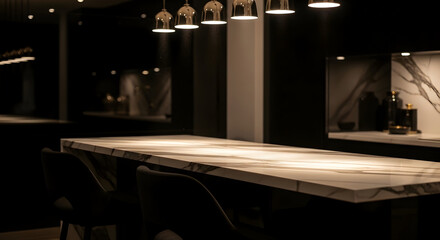 Elegant Interior Depicting a Marble Kitchen Island with Modern Pendant Lighting Design