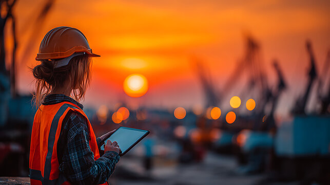 woman supervisor with tablet at construction site during sunset female project manager professional architect engineer business success career development and industry planning