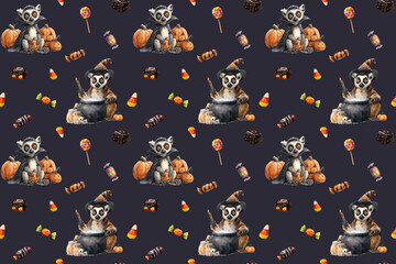 Seamless Halloween pattern with cute lemurs in witch hats flying on broomsticks, holding pumpkins, cauldrons, lanterns, and surrounded by spooky candy, lollipops, and festive holiday decorations.