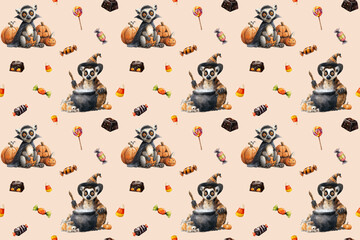 Seamless Halloween pattern with cute lemurs in witch hats flying on broomsticks, holding pumpkins, cauldrons, lanterns, and surrounded by spooky candy, lollipops, and festive holiday decorations.