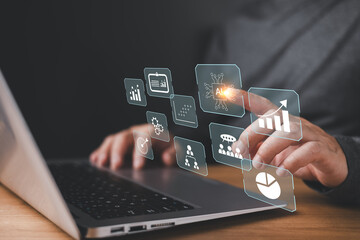 person uses a laptop with glowing icons of AI, charts, graphs, and business dashboards, symbolizing big data, analytics, digital insights, performance tracking, and technology driven decision making.