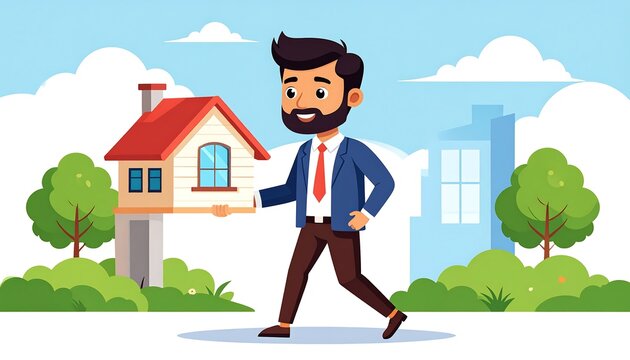 Cartoon man holding a small house, walking forward