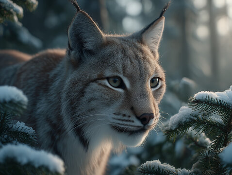 Majestic Lynx Camouflaged Among Snow and Mist