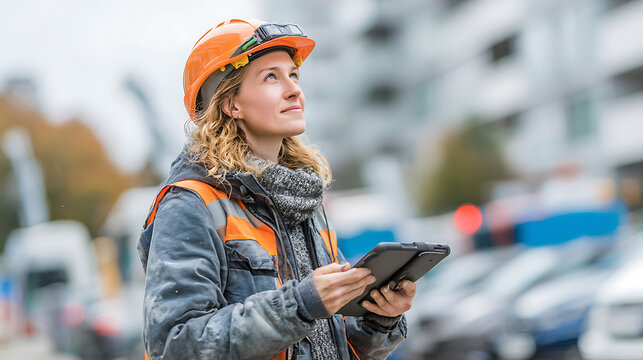 woman professional surveyor using tablet connected to gnss technology in urban environment gps mapping data collection city navigation geospatial planning and construction career