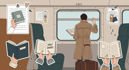 Illustration of a solitary journey by train with books and reflective travel vibes