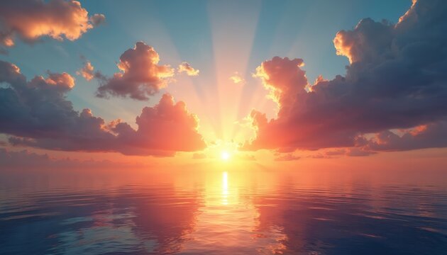 Ocean sunset paints sky with vibrant colors. Sun rays pierce dramatic clouds over calm sea. Peaceful seascape offers sense of hope, freedom, wonder. Majestic natural beauty.
