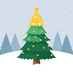 Fototapeta premium Decorated Green Christmas Tree in Snowy Landscape winter