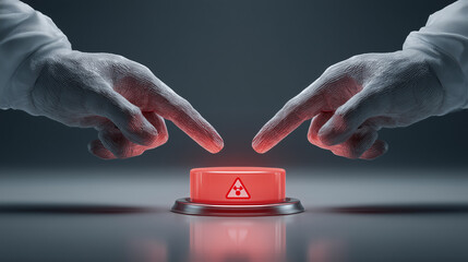 Two Hands Hovering Over a Red Nuclear Radiation Emergency Button