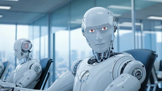 Synchronized humanoid robots efficiently processing digital data within modern high-rise workspace, featuring precise technological environment and urban skyline backdrop - Powered by Adobe