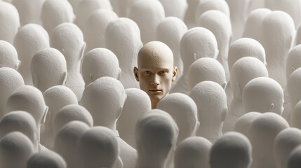 Realistic Human Face Standing Out from a Large Crowd of Identical White Heads
