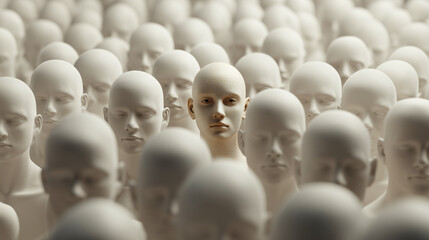 Obraz premium Realistic Face of a Person Standing Out from the Unfocused Crowd of White Identical Heads