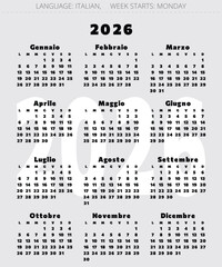 Italian calendar 2026, simple layout, black and white vector template Italy