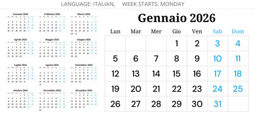 2026 year Italian calendar. Pages of 12 months. Vector illustration Italy language - calendario