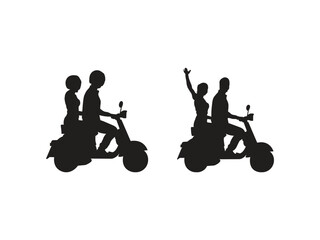A couple joyfully riding a scooter together, experiencing freedom and adventure on a scenic journey.