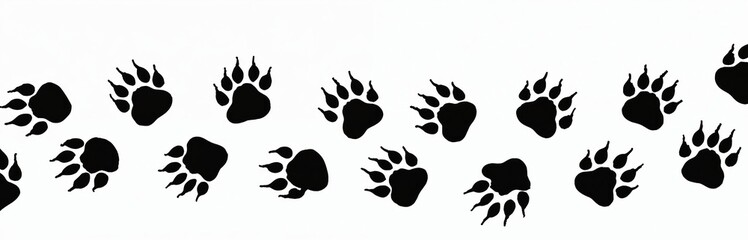 Fototapeta premium Black paw prints pattern on white background. Illustration of animal tracks, suggesting pets like dogs, cats, wild animals. Print shows claws, pad detail, isolated icons perfect for design.