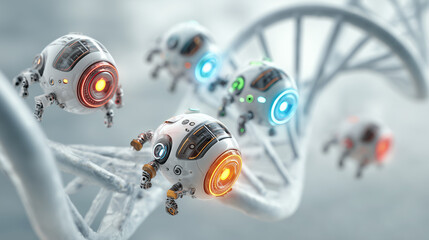 Nanobots or Microrobots Flying Around a Human DNA Double Helix Structure