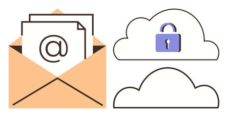 Open envelope with email symbol, cloud icons symbolizing storage, one with a lock for security. Ideal for email, data protection, online privacy, cloud computing, cybersecurity communication. Simple