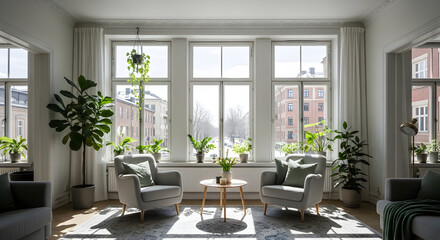 Elegant Interior Space Showcasing Cozy Furniture, Verdant Indoor Plants, and Bright Daylight