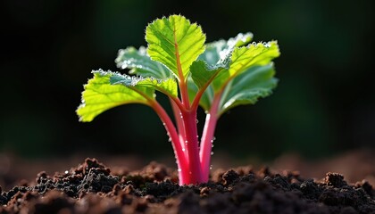 Vibrant rhubarb plant sprouts from rich dark soil. Healthy green leaves with water droplets emerge from bright red stems. Close-up view emphasizes botanical growth, horticulture, organic development