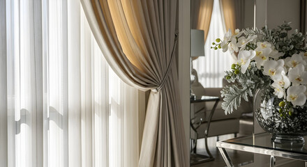 Elegant Interior With Sheer Curtains, Flowers, And Mirror Reflection Sunlight Creates Ambiance
