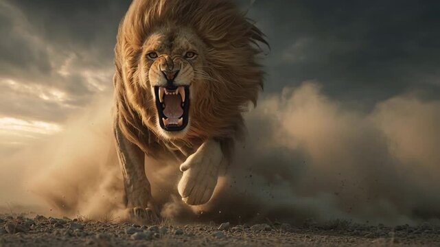 Hermoso y feroz leon corriendo hacia la c&aacute;mara 