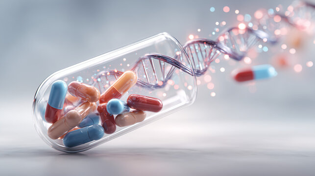 Capsules and DNA Helix in a Test Tube Illustrating Pharmacogenomics