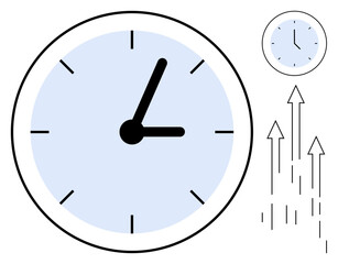 Analog clock with bold black hands and blue face alongside upward arrows indicating progress, time tracking, punctuality, and growth. Ideal for time management, productivity, planning, efficiency
