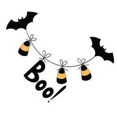 Halloween illustration with bats, candies and boo!