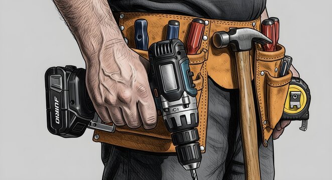 An illustration of a construction worker wearing a tool belt loaded with essential tools, including a drill, hammer, tape measure, and more. This represents professional craftsmanship and home improve