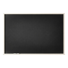 Empty classroom chalkboard with dark surface and faint eraser marks framed in pale wood centered on clean white background for education use