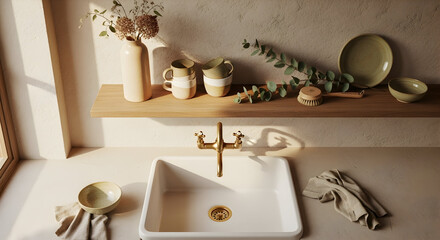 Elegant Kitchen Interior With Sink, Shelves, Cups And Decorated With Beautiful Details