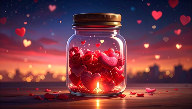 A glass jar, filled with charming red hearts and roses, sits on a wooden surface, illuminated by a warm candlelight against a soft evening cityscape. - Powered by Adobe
