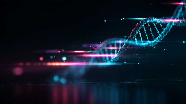 Digital DNA Double Helix with Neon Light Trails on Dark Background