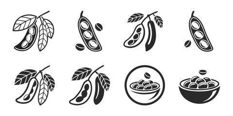 Soybean Pods and Beans Icon Set.