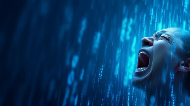 Distorted humanoid form with open mouth expressing technological panic, surrounded by streaming binary data against pixelated matrix background. Intense close-up revealing digital existential crisis.