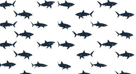 Pattern of dark shark silhouettes swimming in different directions across a clean white background, creating a dynamic and ocean-inspired design.