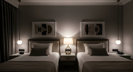 Elegant Hotel Bedroom With Double Bed And Stylish Lighting Composition Design