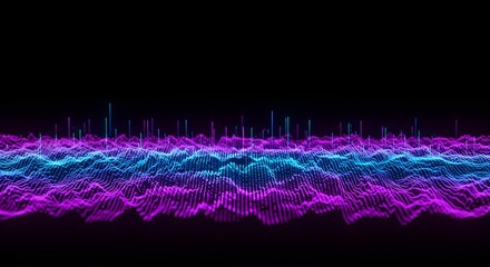Abstract landscape with purple and blue waves on a black background with vertical lines above it