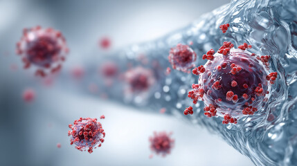 Microscopic View of Virus Particles Attacking a Human Cell or Blood Vessel