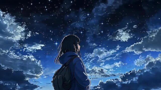 anime girl in blue jacket looking at the night sky, soft stars and clouds, peaceful and introspective mood