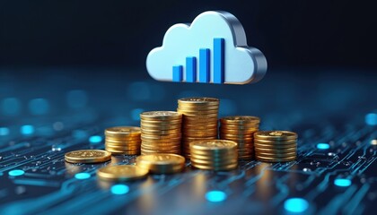 Illustration of stacks of gold coins, cloud icon with bar graph, cost reduction, optimization in cloud computing environments. Visual represents financial management, expense control, efficient