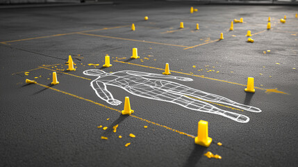Chalk Outline of a Body on the Ground at a Crime Scene with Cones