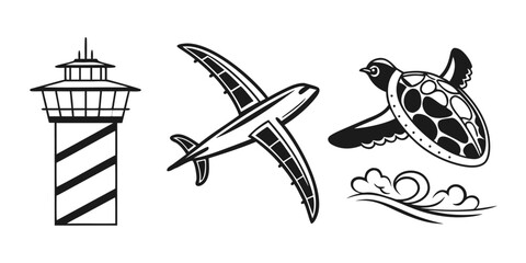 Stylized Icons of Air Traffic Control Tower Airplane and Sea Turtle.