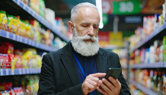 Senior man using phone in grocery store
