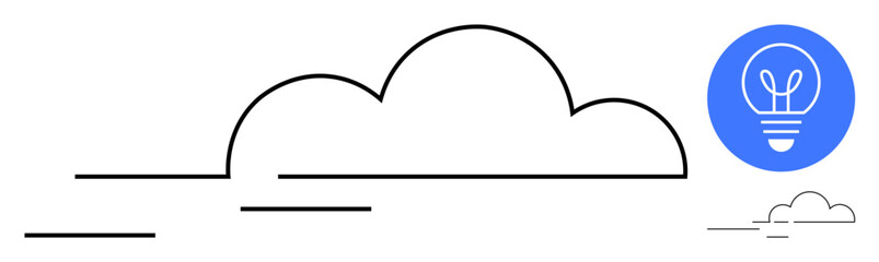 Large cloud outlined in black with a vibrant blue circle featuring a glowing light bulb. Ideal for cloud computing, innovation, brainstorming, sustainability, technology, digital storage, simple
