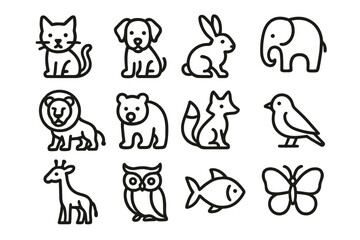Animal Icons Set – Pets and Wildlife, Cat, Dog, Rabbit, Bird, Fish, Butterfly