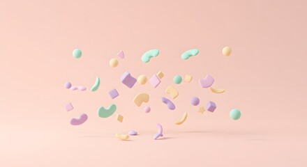 Pastel colored geometric shapes floating against a soft pink background in a studio setting